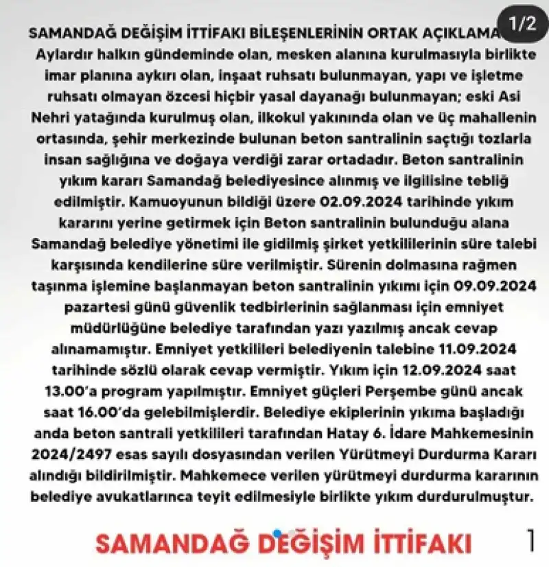 Samandağ Değişim Ittifakı Bileşenlerinin Ortak Açıklama