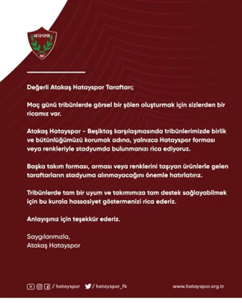 Hatayspor-Beşiktaş Maçında Tribünler Tek Renk Olacak!