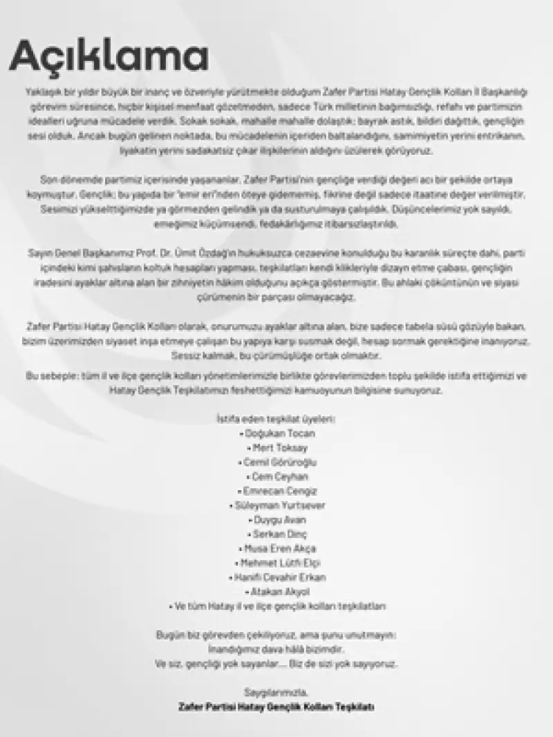 Zafer Partisi’nin Hatay Gençlik Teşkilatı Feshedildi!