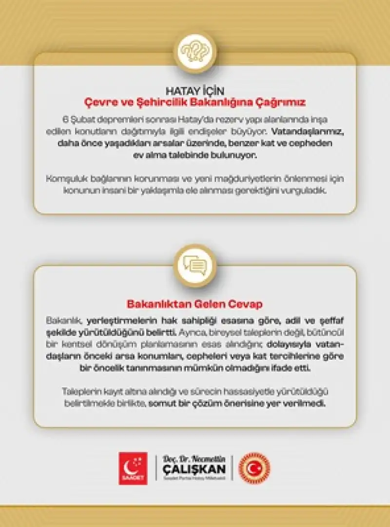 Hatay’ın Endişelerini Dile Getiren Çalışkan’a Yanıt: “Mağduriyet Oluşmaması Hedefleniyor”