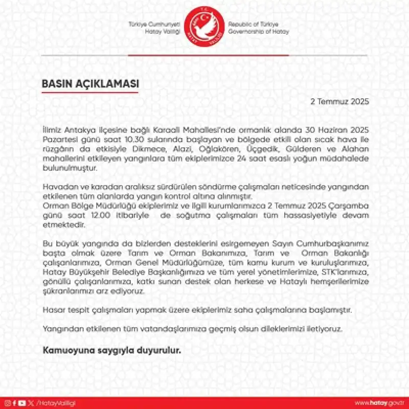 Antakya’da Orman Yangını Kontrol Altına Alındı: Soğutma Çalışmaları Sürüyor