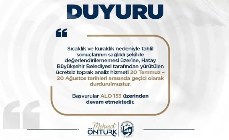 HBB, Toprak Analiz Hizmetini Geçici Olarak Erteledi