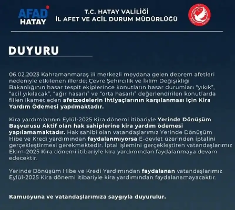 Hatay Valiliğinden Kira Yardımı Duyurusu