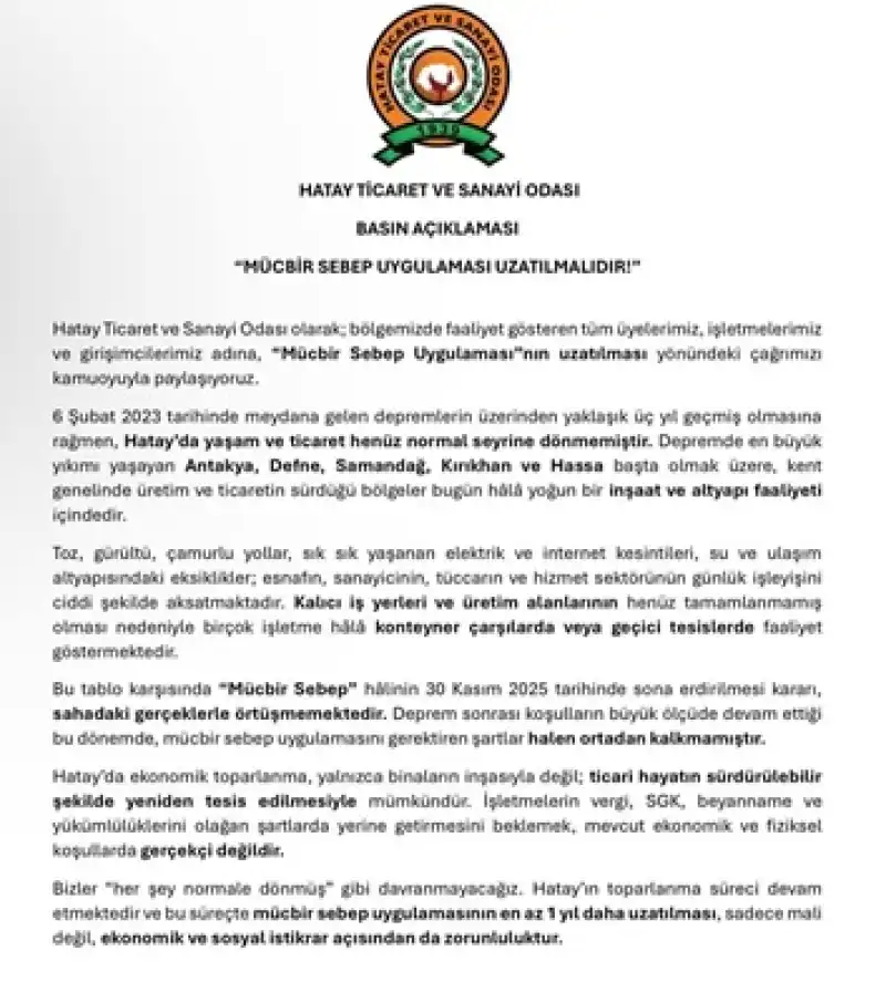 HATSO Başkanı Hikmet Çinçin: “Mücbir Sebep Uygulaması Uzatılmalıdır!”