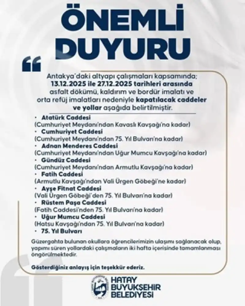Hatay Büyükşehir Belediyesi’nden önemli Duyuru