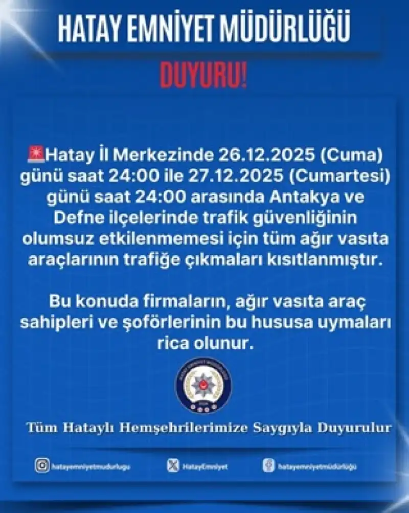 Hatay’da Belirli Güzergâhlarda Geçici Park Yasağı Uygulanacak