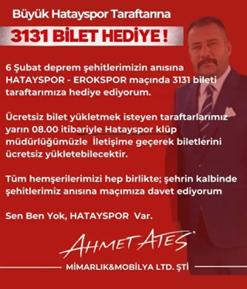 3131 Bilet Taraftara Hediye: Hatayspor Tribünleri Deprem Şehitleri İçin Dolacak