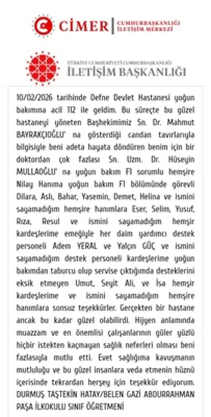 CİMER’e Gönderilen Teşekkür Yazısı Defne Devlet Hastanesi’ni Onurlandırdı
