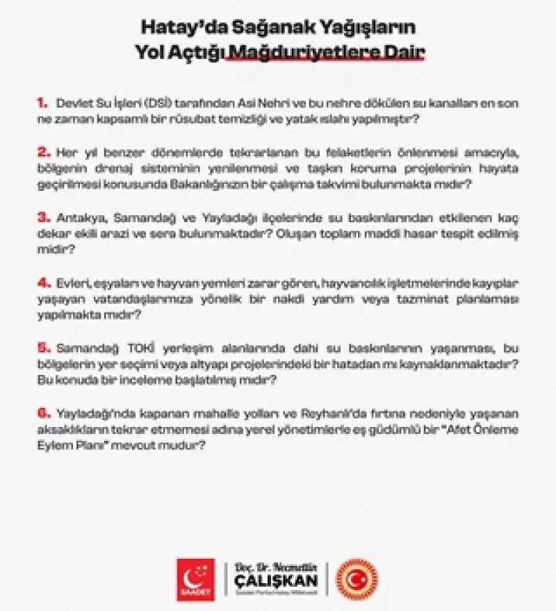Hatayın Sel Gerçeği: Çalışkan’dan Bakanlığa Soru önergesi, DSİ’ye Yazılı Başvuru