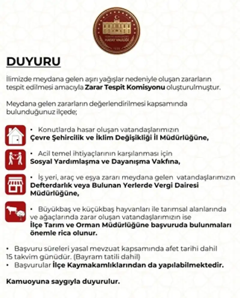 Hatay Valiliği’nden Sel Ve Aşırı Yağış Mağdurlarına Başvuru Duyurusu