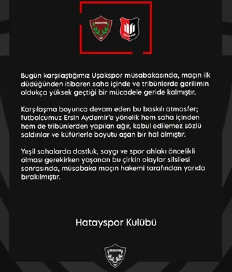 Hatayspor-Uşakspor Maçı Yarıda Kaldı