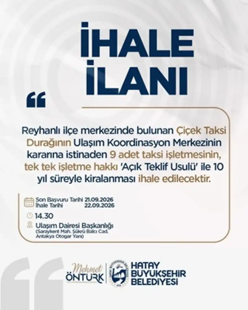 HBB’den Reyhanlı Ve Belen’de 13 Taksi Ihalesi